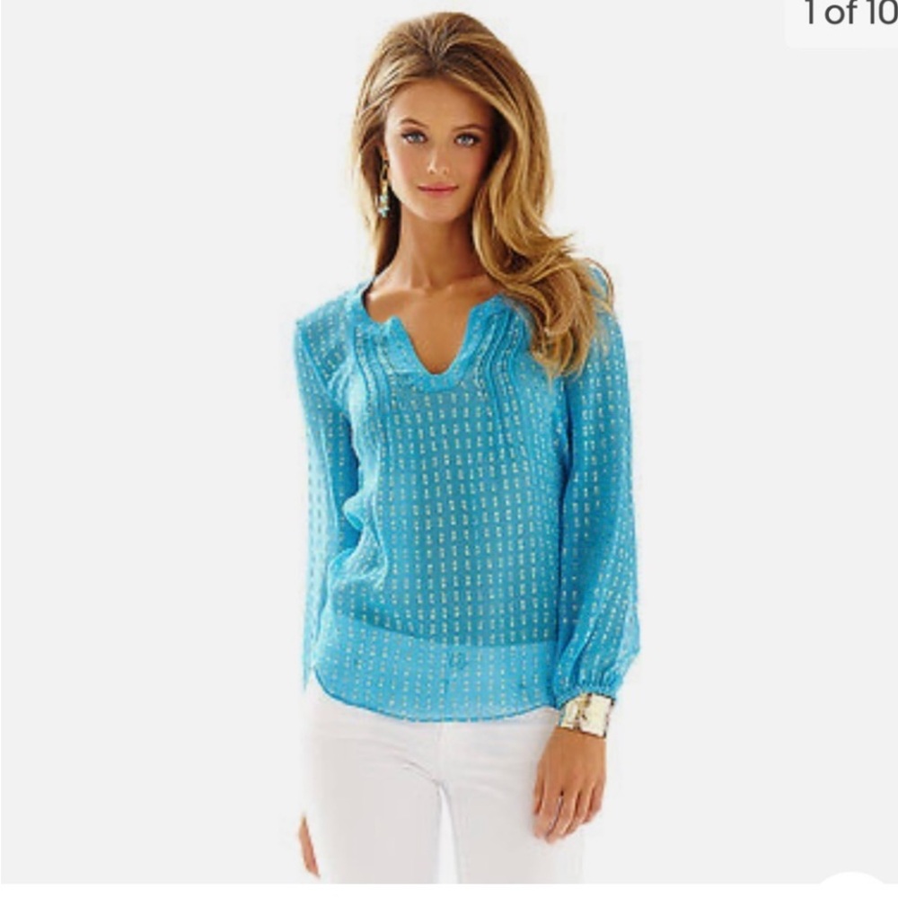 Lilly Pulitzer Women's Tunic Top Colby Silk Clip Metallic Sheer Blouse Blue XS